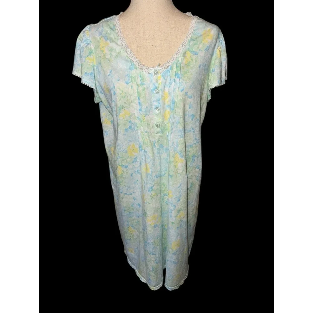 Miss Elaine Nightgown Womens Large Blue Floral Lace Trim Short Sleeve Knit Gown